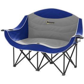 Outsunny Padded Folding Camp Chair for Adults, Double Camping Chairwith Armrests, Cup Holders, Carry Bag for Outdoor, Blue